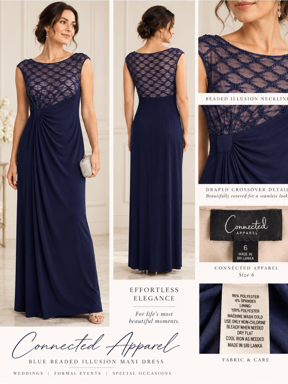 Connected Apparel Blue Beaded Illusion Maxi Dress Size 6